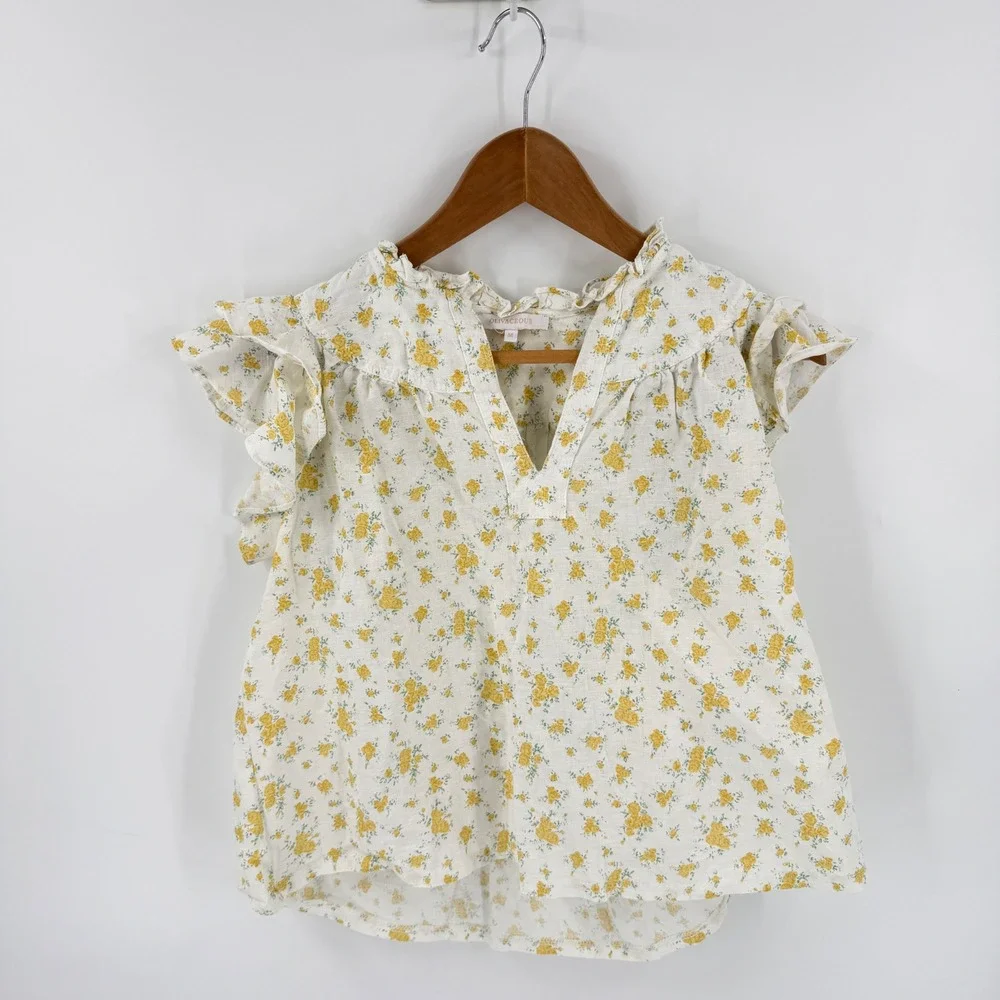 Olivaceous Floral Ruffle Sleeve Top Yellow Medium Hemp Cotton Sustainable